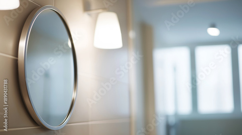 Empty minimal bathroom with a sleek round mirror and glowing wall lamp reflecting tranquil ambient light from a distant window
