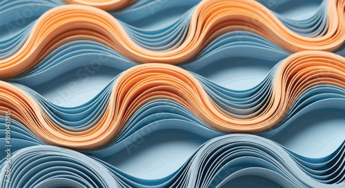 Abstract background featuring tightly layered undulating strips of peach and light blue paper creating mesmerizing dimensional waves and flowing patterns