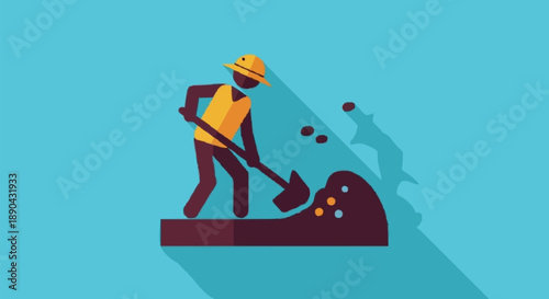 Construction worker digging with shovel flat icon illustration.