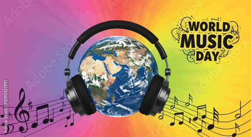 Global music celebration featuring a detailed earth planet wearing large over ear headphones against a vibrant rainbow background promoting world music day
