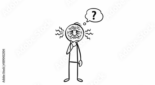 Confused Elderly Man Stick Figure Thinking Hard About a Question.