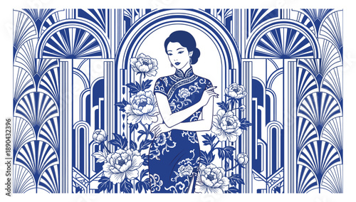 Elegant Woman in Traditional Attire: A classically dressed woman with refined features stands elegantly amidst ornate details and flourishing floral elements. She exudes grace and poise. 