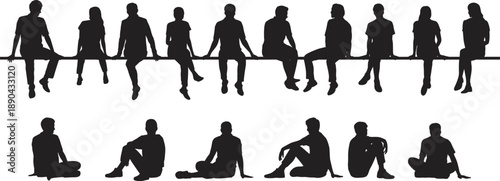 Silhouettes of people sitting on a bench and ground in different relaxed poses, casual social interaction and everyday lifestyle concept isolated