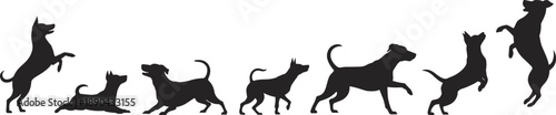 Silhouettes of dogs in different running, jumping and playful poses, active canine motion sequence isolated on white background