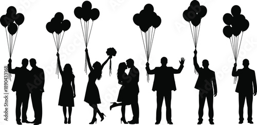 Silhouettes of couples and people holding balloons, joyful celebration of love, happiness and festive moments for parties, weddings and special events