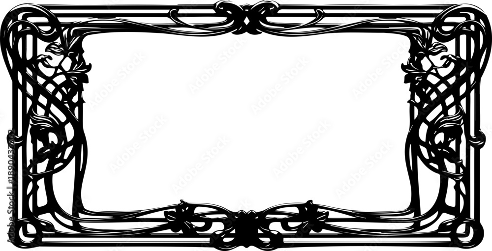 Obraz premium A black and white vector graphic of an ornate rectangular frame with floral designs