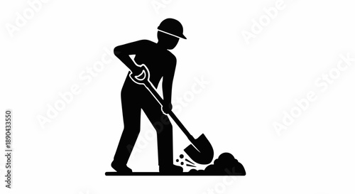 Construction worker digging with shovel icon silhouette.