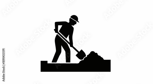 Construction worker digging with shovel icon silhouette.