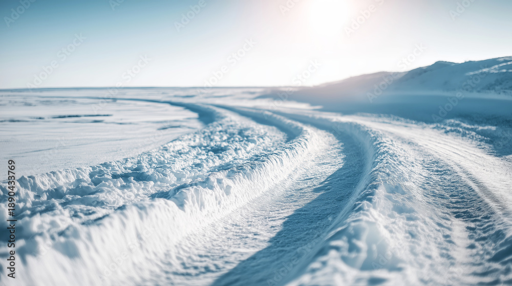 Fototapeta premium Bike tracks curving through vast snow, bright sun highlighting a minimalist winter landscape journey