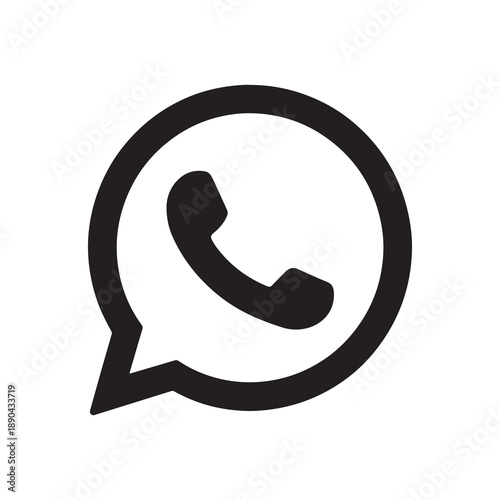Phone Call Icon Inside Chat Bubble, Black and White Communication Vector