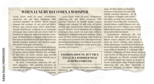 Retro grunge newspaper fragment collage element. Wrinkled texture with placeholder text and shadow.