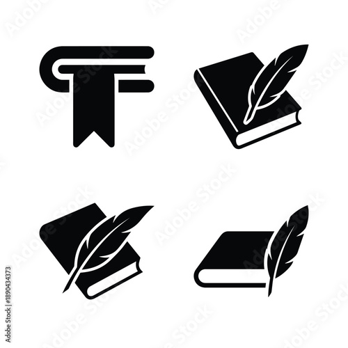 Elegant black silhouette of a closed book with a feather quill pen, symbolizing writing and knowledge.