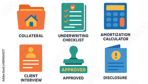 A graphic illustration of various mortgage and loan application icons and terms