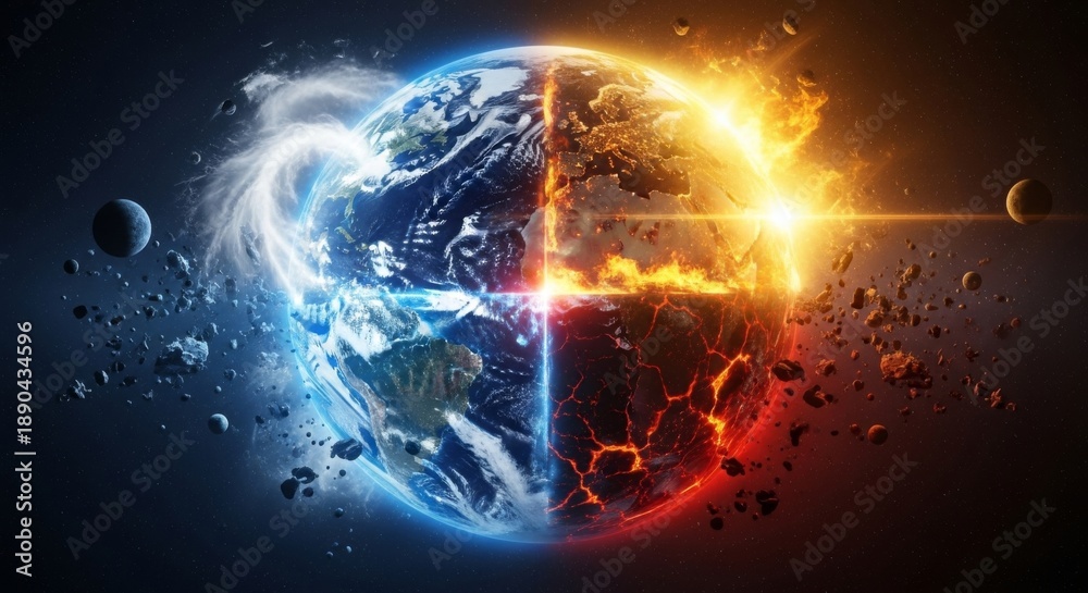 Obraz premium Split Earth Showing Fire and Ice Climate Concept