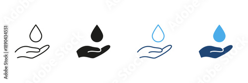 Hand Holding Water Drop Line And Solid Icon Set. Water Conservation, Sustainability, And Environmental Protection Outline And Silhouette Symbol. Resource Management. Isolated Vector Illustration