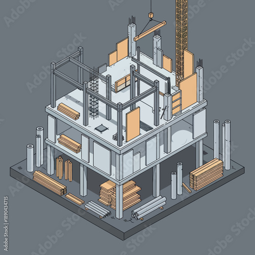 3D Isometric Building Under Construction Site.