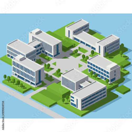 Modern Office Buildings with Green Spaces.