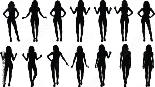 Set of female silhouettes showing different standing poses, body language, confidence, fashion style, and expressive gestures for lifestyle, beauty, and design concepts isolated on white background