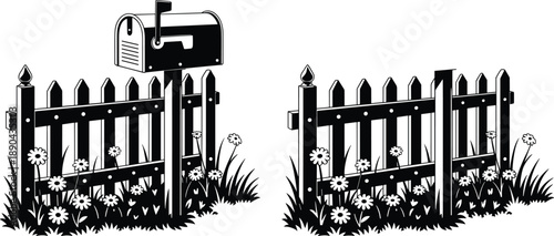 Mailbox and wooden fence silhouettes with garden flowers, suburban home exterior elements, residential yard and post box illustration isolated on white