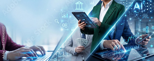 Finance technology drive business teamwork for growth in hand with technology, teamwork, office, analysis, finance, datum, financial