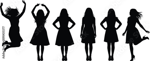 Set of women silhouettes showing jumping and standing poses expressing joy, confidence, fashion style, movement, and feminine energy isolated on white background