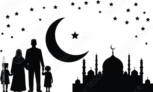 Muslim family silhouette walking near mosque under crescent moon and stars, Islamic night scene symbolizing Ramadan, faith, prayer, and spiritual togetherness