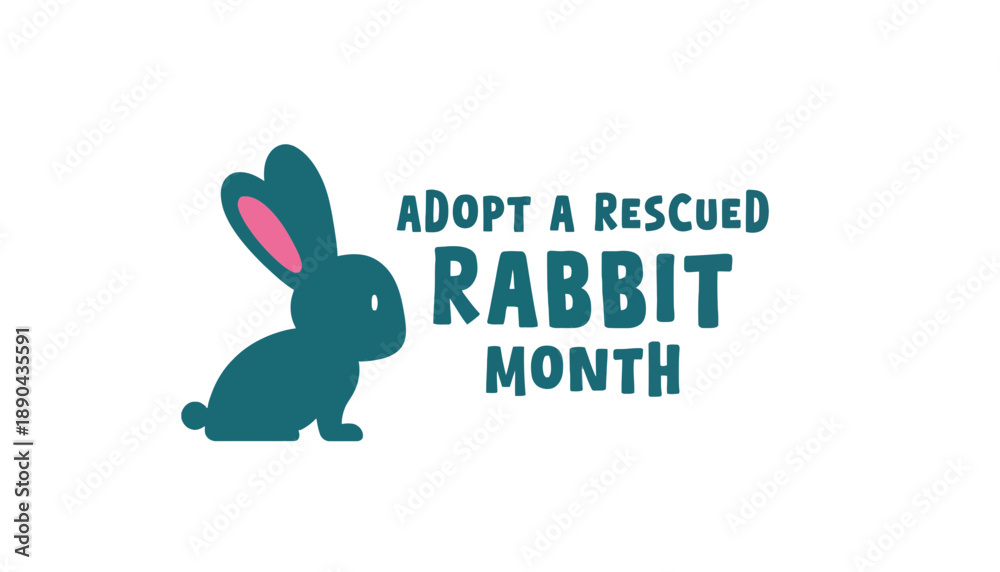 Fototapeta premium A teal rabbit with pink ears and text promoting Adopt a Rescued Rabbit Month