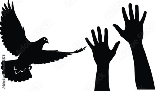 Dove bird flying toward raised human hands silhouette, freedom and peace concept, hope and release symbolism, black shapes isolated on white background illustration