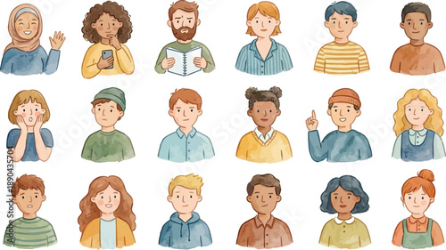 Diverse People Showing Different Emotions, Hand Drawn Character Set Illustration