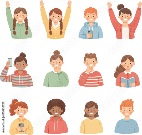 Diverse People Showing Different Emotions, Hand Drawn Character Set Illustration