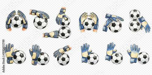 Set of watercolor footballs and goalkeeper gloves illustrations, perfect for sports-themed designs and digital art.