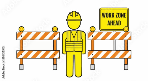 Construction worker standing between traffic barriers with work zone sign.