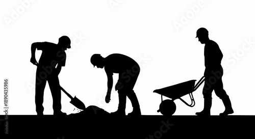 Construction workers silhouette digging and pushing wheelbarrow.