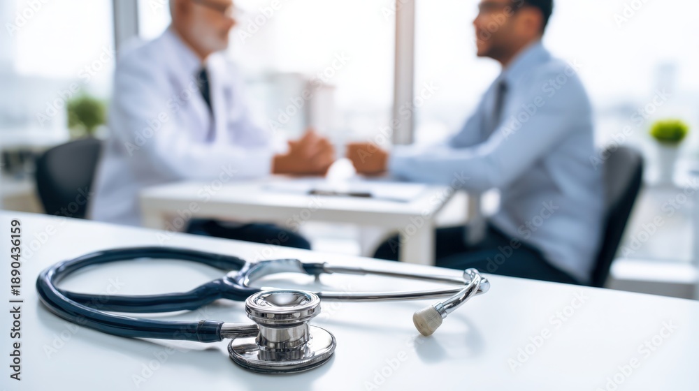 Fototapeta premium Healthcare appointment scene with stethoscope on desk, doctor and patient engaged in discussion in bright, minimalist medical office