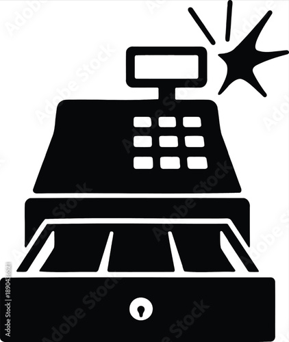 Cash register with a scanner and cash drawer in a detailed black silhouette