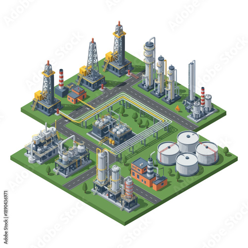 Isometric Industrial Plant with Various Facilities and Equipment.