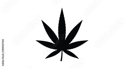 A stark black silhouette of a cannabis leaf against a white background