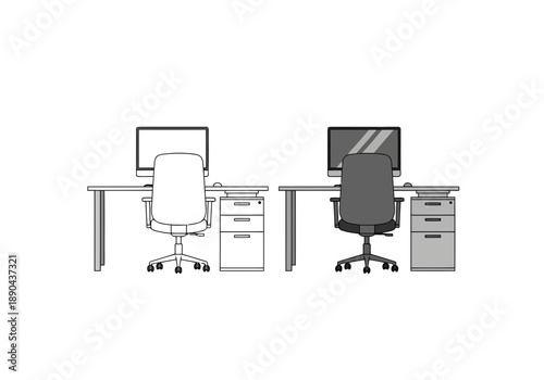 An office workstation with two desks and office chairs