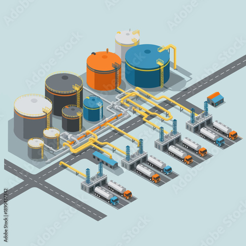 Industrial Facility with Storage Tanks and Trucks.