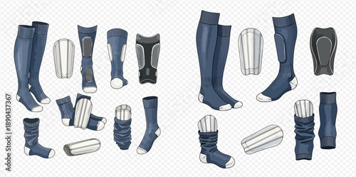Soccer player protective gear set with shin guards and socks for football training and matches.