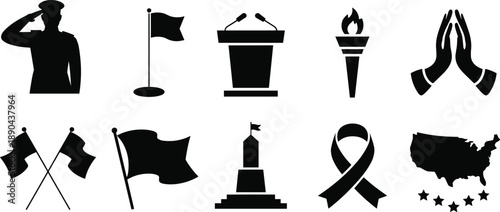 Patriotic symbols silhouettes set with soldier salute, flags, podium, torch, monument, ribbon and USA map, national pride and remembrance icons collection