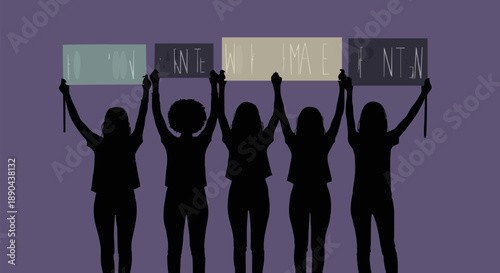 Five women silhouettes holding protest signs with the word woman repeated.