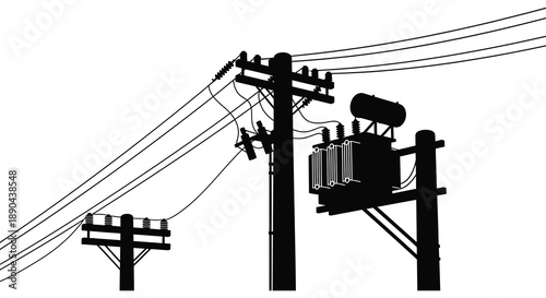 A stark depiction of power lines utility poles and a transformer against a bright white background a striking silhouette high quality