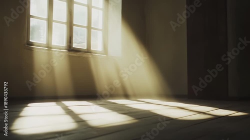 Light rays entering a dark, empty room through a window, illuminating parts of the wooden floor and creating geometric shadows, symbolizing hope, presence, and new beginnings