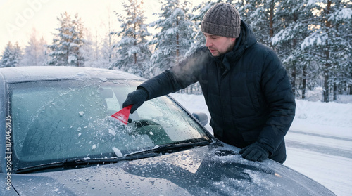 Man scraping ice from windshield using a plastic scraper, focusing intently on the task