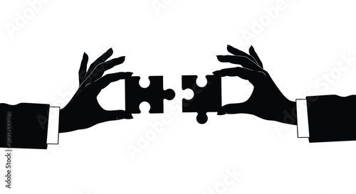 Two hands forming a puzzle piece shape with interlocking elements presented in a striking black silhouette high quality professional detailed modern
