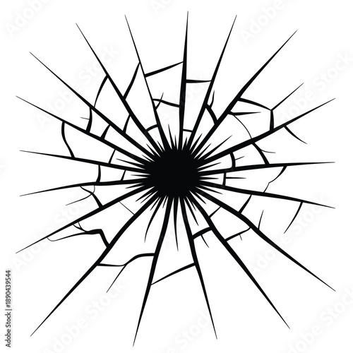 A stark black and white image depicting a fractured radial crack pattern