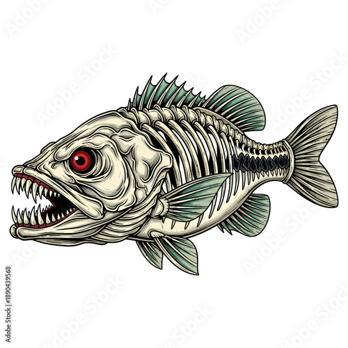 skeleton bass fish illustration with red eyes and sharp teeth for fishing mascot design