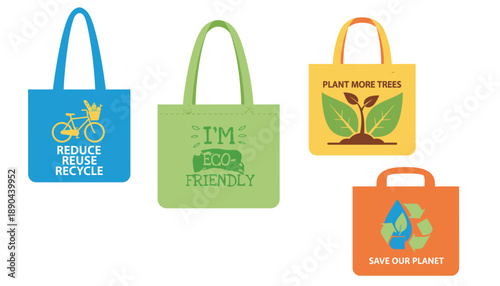 Four colorful reusable tote bags with eco-friendly messages and designs