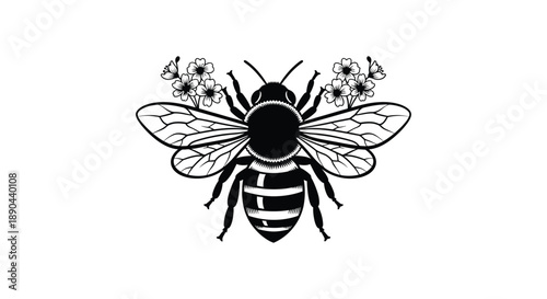A detailed black and white illustration of a bee with floral elements showcasing a striking silhouette high quality professional modern elegant